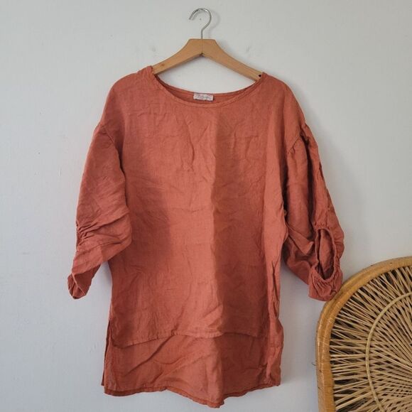 Bellambra Tops - Made in Italy 100% Linen Blouse Bellambra Orange Puff Sleeve Top Medium